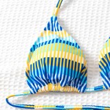 Women Two Pieces Halter Criss Cross Stripe Multicolour High Cut Bikini Swimsuit
