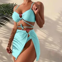 Women 3 Piece Solid Color Heart Linked Bandeau Cover Up Skirt Bikini Swimsuit