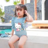 Girls Bathing Suits Cartoon Cat With Ice Cream One Piece Ruffled Cuff Swimsuits