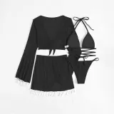 Women 4 Piece Bandeau Criss Cross Triangle Halter Bowknot Halter Cover Up Tassel Tops and Skirt Bikini Swimsuit