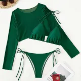 Women 3 Piece Triangle Halter Side Tie High Cut Mesh Tankini Cover Up Bikini Swimsuit