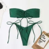 Women Two Pieces Bandeau Ring Linked Plunging Side Tie High Cut Bikini Swimsuit
