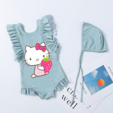 Girls Bathing Suits Cartoon Cat With Strawberry One Piece Ruffled Cuff Swimsuits