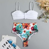 Women Two Pieces Drawstring Ruched Bandeau Flower Prints Tummy Control Multiway Bikini Swimsuit