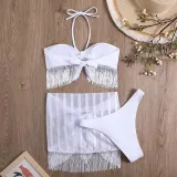 Women Two Piece Ruched Tassel Halter High Cut Cover Up Mesh Skirt Bikini Swimsuit