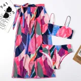 Women 3 Piece Watercolor Printing Tie Dye Sling Bandeau Cover Up Kimonos Bikini Swimsuit