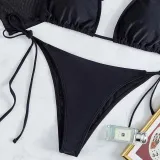 Women 3 Piece Triangle Halter Side Tie High Cut Mesh Tankini Cover Up Bikini Swimsuit