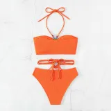Women Two Pieces Solid Color Ring Linked Plunging Bandeau High Cut Bikini Swimsuit