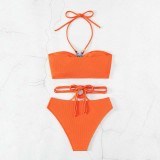 Women Two Pieces Solid Color Ring Linked Plunging Bandeau High Cut Bikini Swimsuit