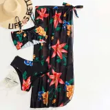 Women 3 Piece Flower Prints Ruched Bowknot Cover Up Skirt Bikini Swimsuit