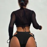 Women 3 Piece Cut Out Ring Linked Plunging Halter Side Tie High Cut Mesh Tankini Cover Up Bikini Swimsuit