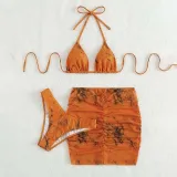 Women 4 Piece Tie Dye Triangle Halter Cover Up Drawstring Skirt Bikini Swimsuit