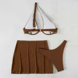 Women 3 Piece Cut Out One Shoulder High Cut Skirt Cover Up Bikini Swimsuit