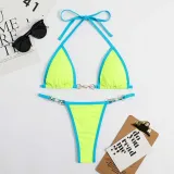 Women Two Pieces Halter Brassiere Chain Linked High Cut Bikini Swimsuit