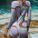 Women 3 Piece Printed Tie Dye Triangle Halter with Drawstring Cover Up Kimonos Bikini Swimsuit