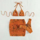 Women 4 Piece Tie Dye Triangle Halter Cover Up Drawstring Skirt Bikini Swimsuit