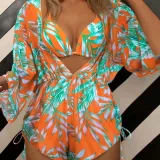 Women 3 Piece Tropical Triangle Halter Cover Up Kimonos Bikini Swimsuit