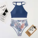 Women Two Pieces Halter Tankini Top Palm Leaves Tropical High Waist Bikini Swimsuit