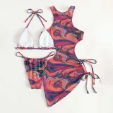 Women 3 Piece Ombre Triangle Halter Side Lace Up Dress Cover Up Bikini Swimsuit