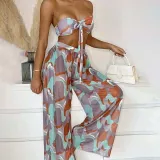 Women 3 Piece Color Block Tie Dye Bandeau Bowknot Halter High Cut Cover Up Pants Bikini Swimsuit