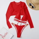Women 3 Piece Triangle Brassiere Halter Ring Linked High Cut Mesh Tankini Cover Up Bikini Swimsuit