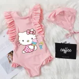 Girls Bathing Suits Cartoon Cat With Ice Cream One Piece Ruffled Cuff Swimsuits