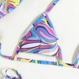 Women Two Pieces Color Prints Brassiere Halter Side Tie Triangle Bikini Swimsuit