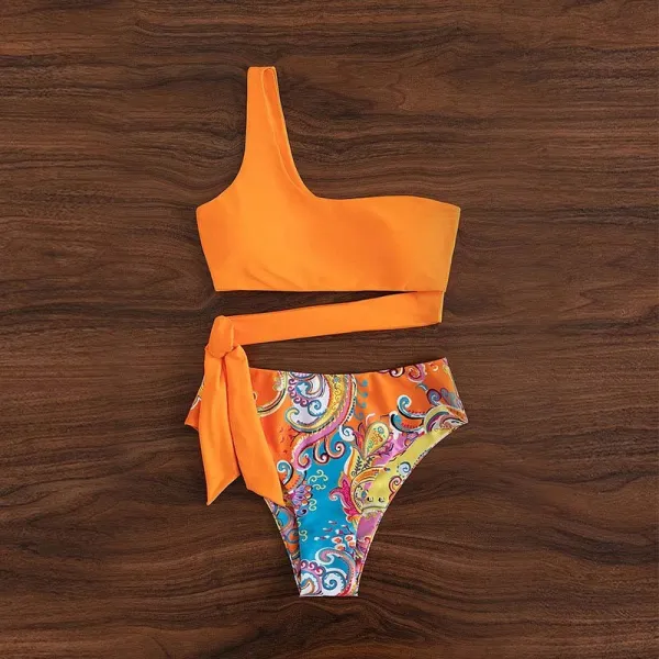 Women Two Pieces One Shoulder Side Knot Tankini Flower Prints Bikini Swimsuit