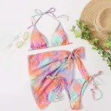 Women 3 Piece Tie Dye Drawstring Triangle Halter Side Tie Cover Up Kimonos Bikini Swimsuit