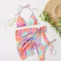 Women 3 Piece Tie Dye Drawstring Triangle Halter Side Tie Cover Up Kimonos Bikini Swimsuit