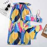 Women 3 Piece Watercolor Printing Tie Dye Sling Bandeau Cover Up Kimonos Bikini Swimsuit