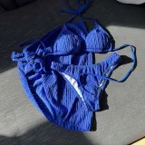 Women 3 Piece Solid Color Triangle Halter Side Knot Skirt Cover Up Bikini Swimsuit