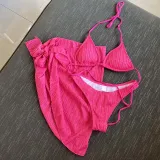 Women 3 Piece Solid Color Triangle Halter Side Knot Skirt Cover Up Bikini Swimsuit
