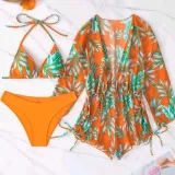 Women 3 Piece Tropical Triangle Halter Cover Up Kimonos Bikini Swimsuit