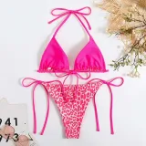 Women Two Pieces Halter Leopard Brassiere Side Tie Print High Cut Bikini Swimsuit