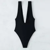 Women Knot Front Plunging Deep V Wide Strap Backless One Piece Swimsuit
