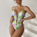 Women Sling Cut Out Side Lace Up Push Up Deep V Tie Dye One Piece Swimsuit
