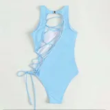 Women Halter Back Lace Up Cut Out One Piece Swimsuit