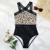 Women Convertible Wide Strap Leopard Print High Waist One Piece Swimsuit