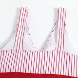 Women Stripe Wide Strap Tank High Waist Belt Tummy Control Multiway One Piece Swimsuit