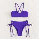 Women Two Pieces Cut Out Criss Cross Halter Side Tie Bikini Swimsuit