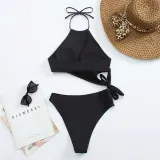 Women Mock-Neck Halter Cut Out Side Bowknot High Waist One Piece Swimsuit