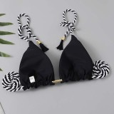 Women Two Pieces Flower Tassel String Halter Ruched High Cut Bikini Swimsuit