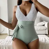 Women Stripe Wide Strap Tank High Waist Belt Tummy Control Multiway One Piece Swimsuit