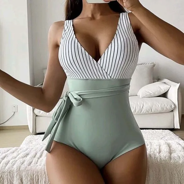 Women Stripe Wide Strap Tank High Waist Belt Tummy Control Multiway One Piece Swimsuit