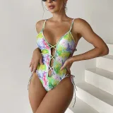 Women Sling Cut Out Side Lace Up Push Up Deep V Tie Dye One Piece Swimsuit