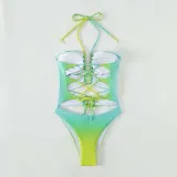 Women Helter Cut Out Drawstring Gradient Color One Piece Swimsuit