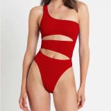 Women One Shoulder Cut Out Color Block Bandeau One Piece Swimsuit