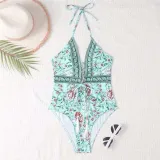 Women Sling Flower Full Prints Lace Up Tassels Deep V One Piece Swimsuit