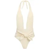 Women Deep V Knot Front Halter Lace Backless Hight Waist One Piece Swimsuit